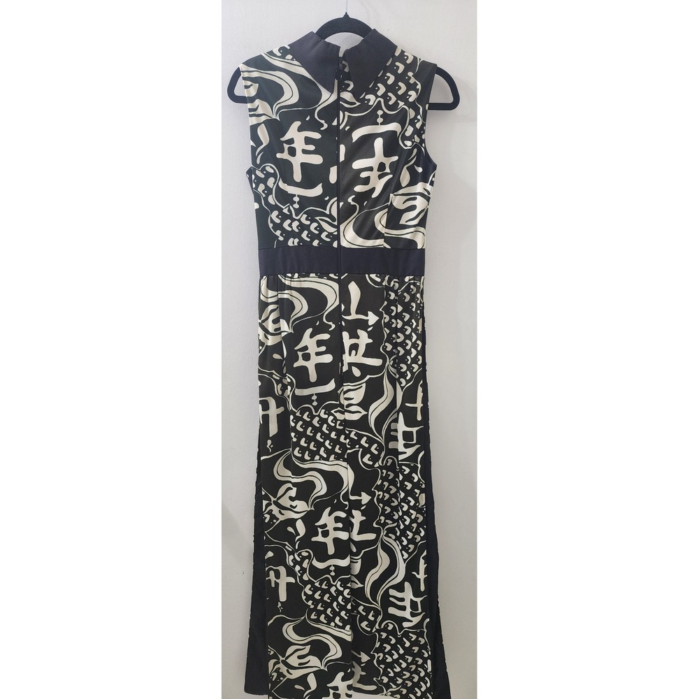 Kenny Classics Vintage Black White Calligraphy Print Maxi Dress Mock Neck Slit - Picture 5 of 9